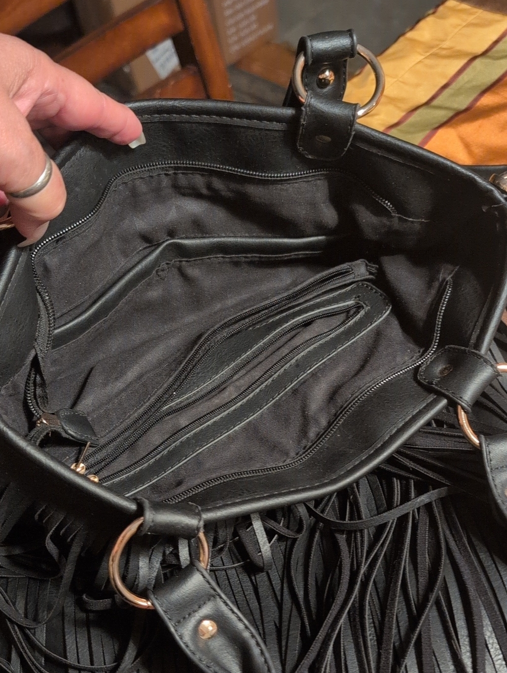 Fashion Forward Black Fringe Tote Bag Vegan Unbranded 15" Wide 16.5 Long - Picture 5 of 10